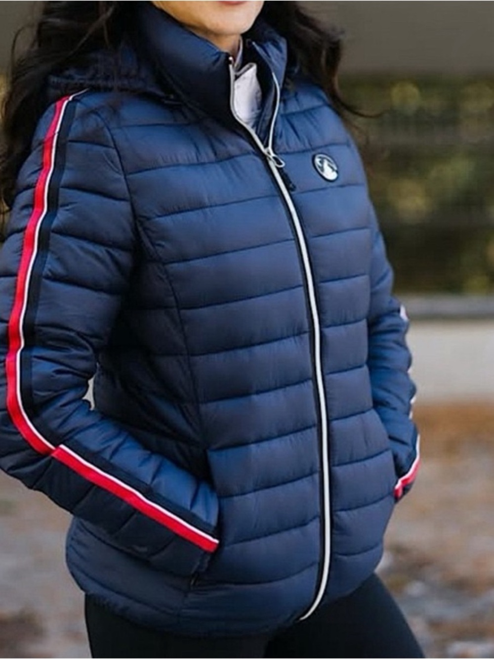 Zyia Active Telluride Navy Stripe Puffy Jacket | Size Small